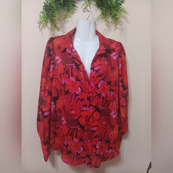 Red and Pink Puff Sleeve Blouse with Notched Collar - Picture 6 of 14